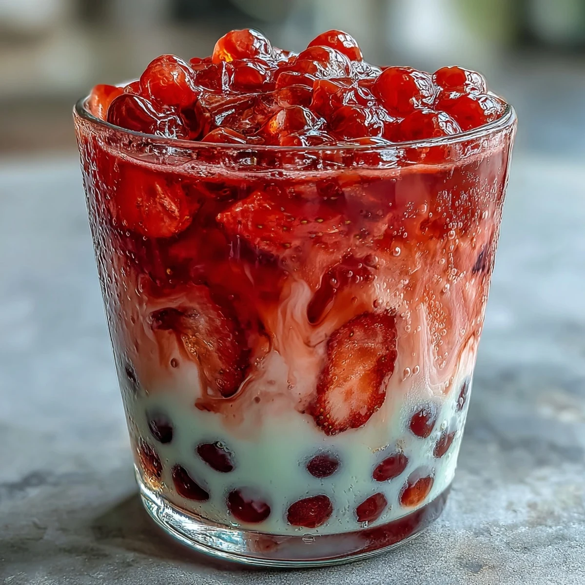 1. Un refrescante vaso de Strawberry Matcha Boba-Inspired Drink con capas de fresas frescas, leche cremosa y matcha, coronado con perlas de tapioca masticables.