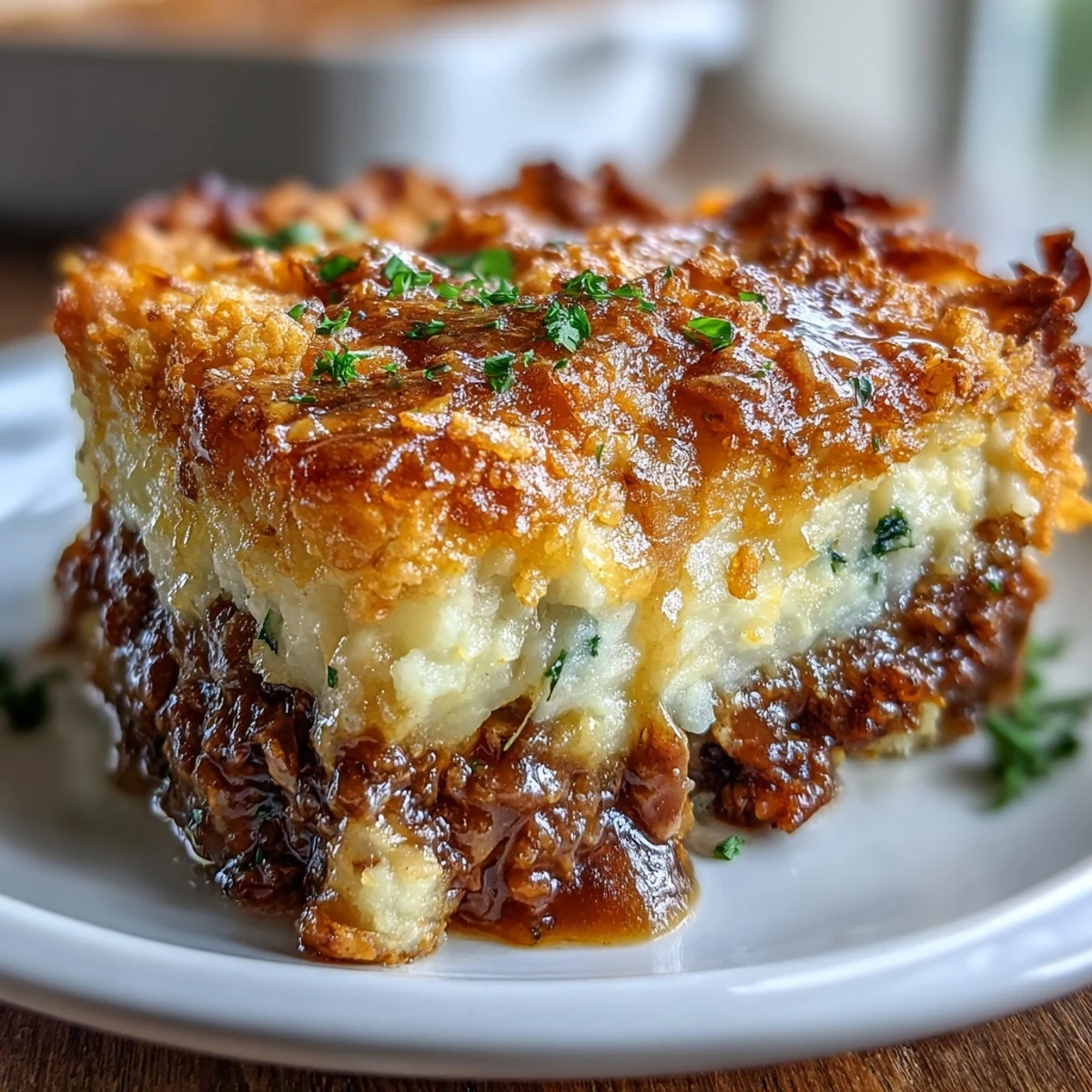 Cazuela cremosa de funeral potatoes con carne y cobertura crujiente de maíz, perfecta para cenas familiares.  