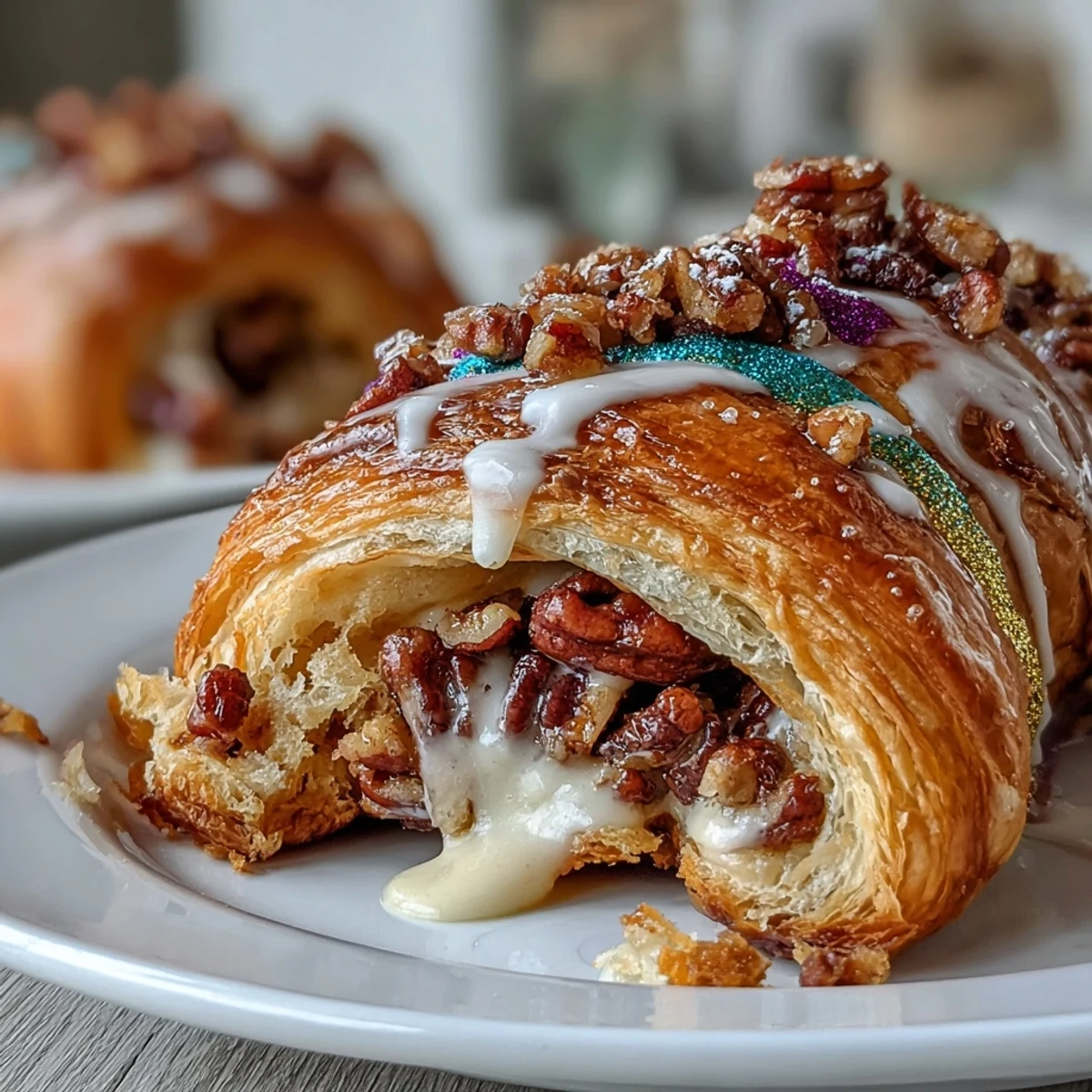 1. Golden croissants stuffed with rich pecan cream, drizzled with icing and topped with festive purple, green, and gold sugars—perfect for Mardi Gras brunch.  