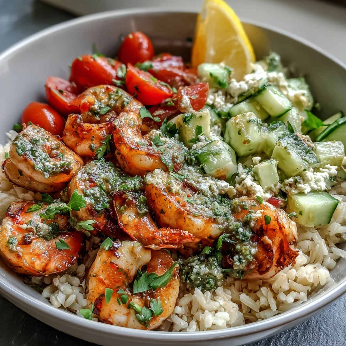 Tazones vibrantes de camarones con limón y ajo, con arroz integral esponjoso y vegetales frescos, perfectos para una comida nutritiva y rápida.  