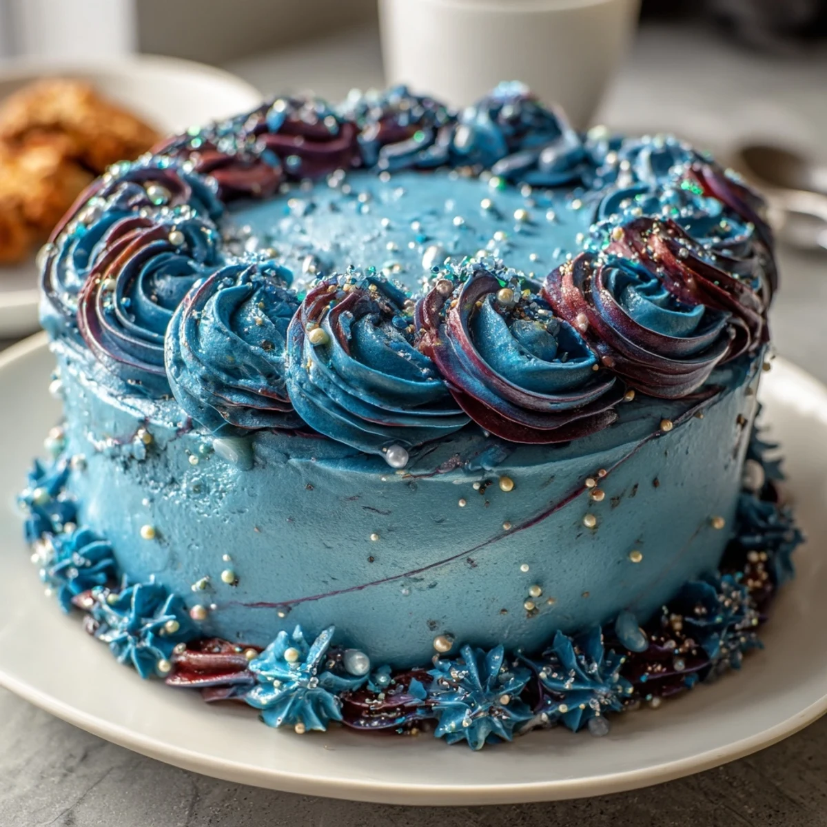 Pastel de galaxia con temática de Piscis cubierto de brillantina comestible brillante y glaseado de mantequilla azul y púrpura.