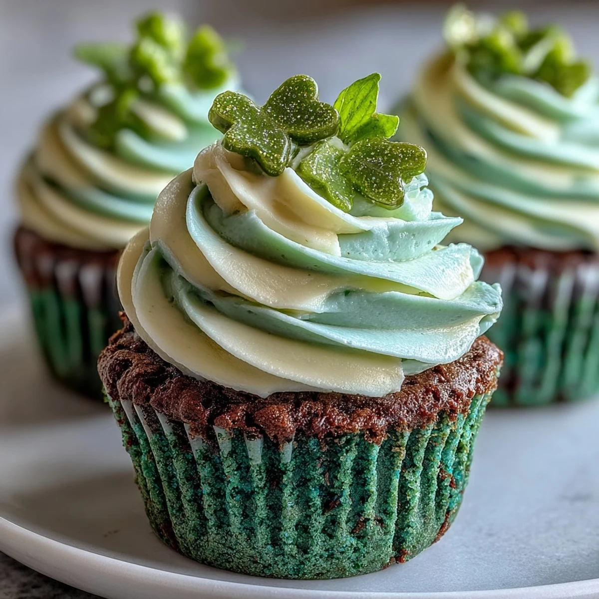 Cupcakes de terciopelo verde festivos con glaseado de vainilla cremoso para celebrar el Día de San Patricio.