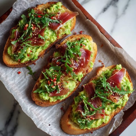 Pan tostado con jamón serrano y aguacate.