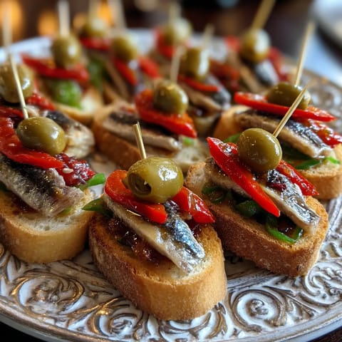 Plate of marinated anchovies on toast.