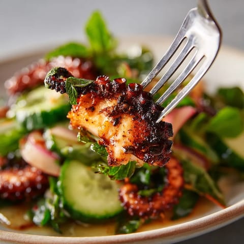 Charred Octopus Salad con aceite de limón.