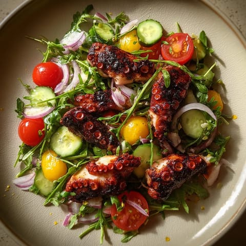 Salad de pulpo a la parrilla con aceite de limón.