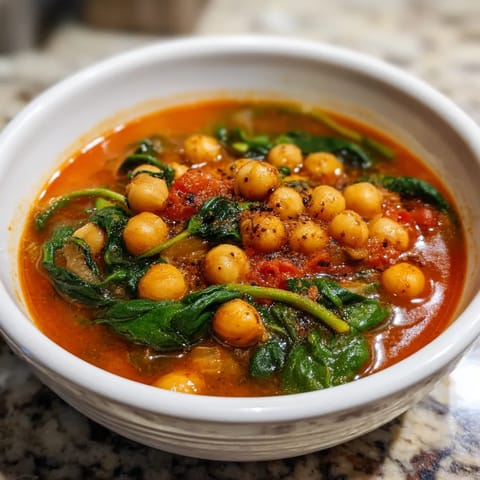 Un bol de sopa de garlic con espinacas y chickpeas.