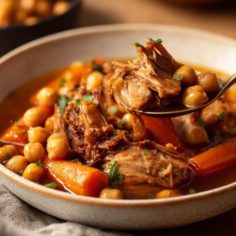 Carne de cerdo y garbanzos con papas.