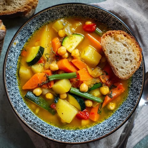 Un plato de sopa con verduras y pan tostado.