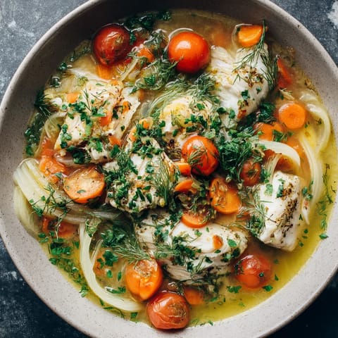 Un plato de pescado con verduras y hierbas frescas.