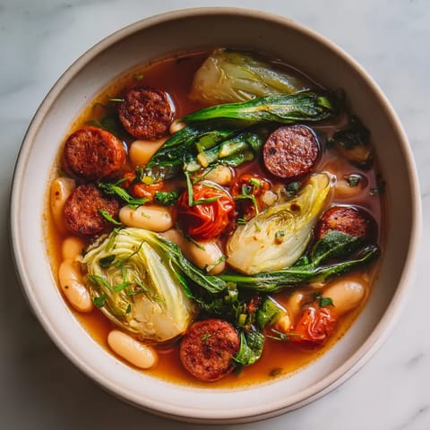 Una cacerola llena de sopa de verduras con chorizo y lentejas.