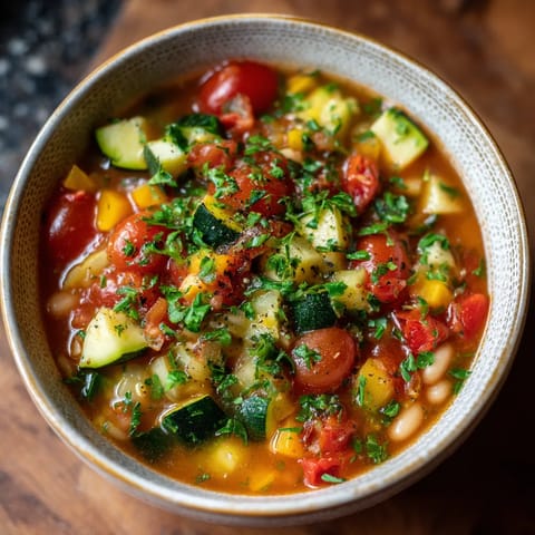 Un plato de sopa con tomate y guisantes.