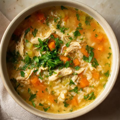 Una cacerola con sopa de pollo y arroz con hierbas.