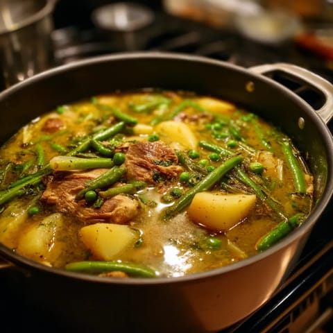 Una cacerola llena de carne de cerdo y verduras, incluyendo garbanzos.