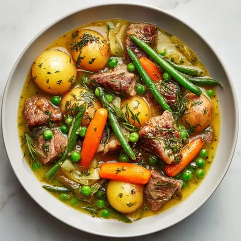 Un plato de carne de cerdo con verduras y verduras.