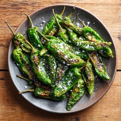 Plate of fried padrón peppers with sea salt.