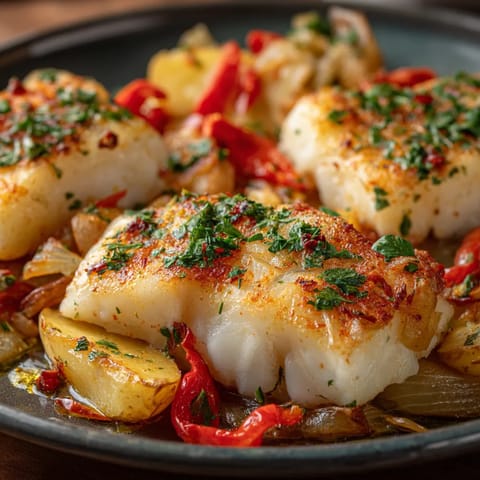 Baked cod with onions and potatoes.