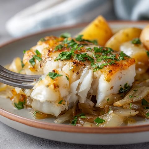 Baked cod with onions and potatoes.