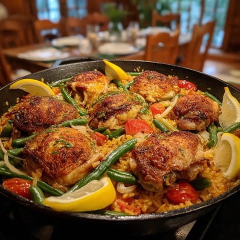 Un plato de arroz con pollo y verduras.