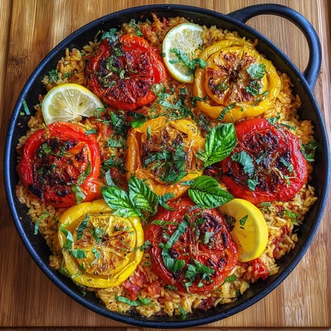 Un plato de arroz con tomates y pimiento.