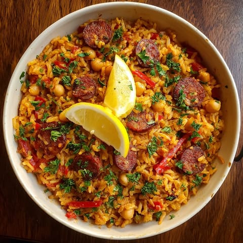 Arroz con chorizo y garbanzos.