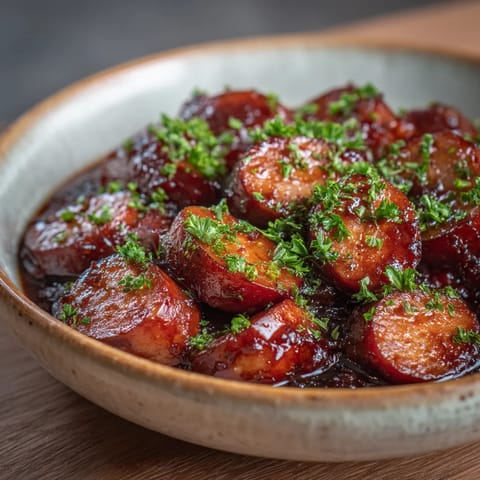 Un plato de chorizo en salsa roja.