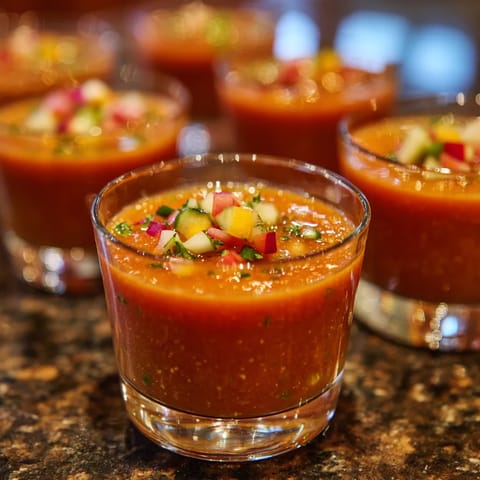 Cups of cold gazpacho shots with olive oil.