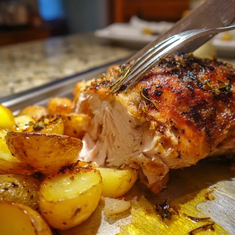 Una porción de pollo a la parrilla con papas a la cebolla y limón.