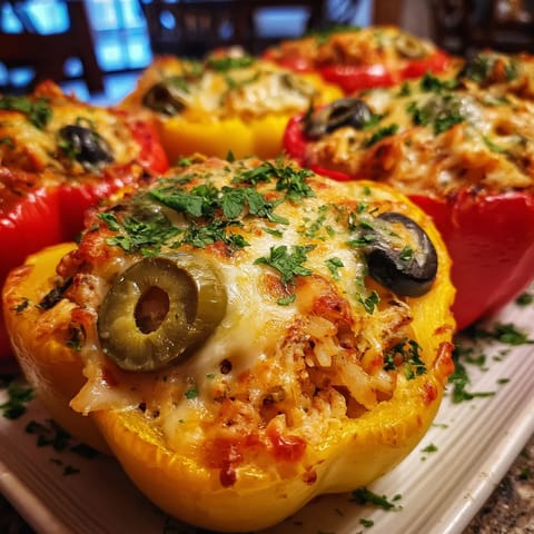 Baked stuffed peppers con tuna y arroz.