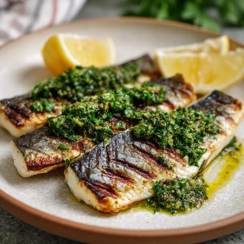 Grilled sea bass with parsley mojo.
