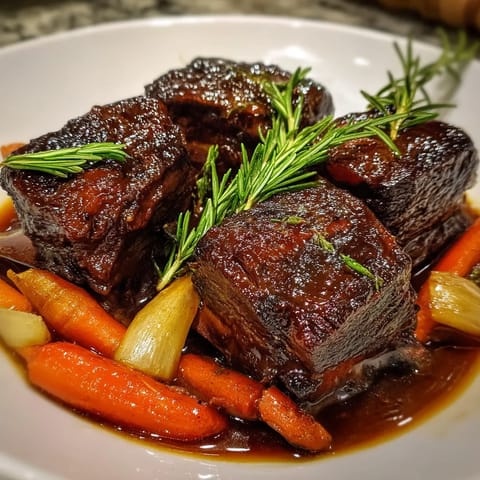 Carne de res cocida lentamente con vino tinto rioja.