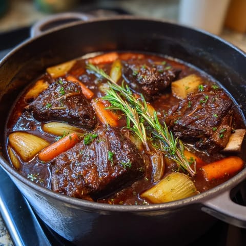 Un plato de carne de res cocida lentamente con vino tinto.