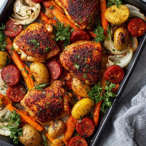 Un plato de carne y chorizo con verduras.
