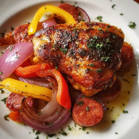 Chicken y chorizo en una bandeja para hornear.