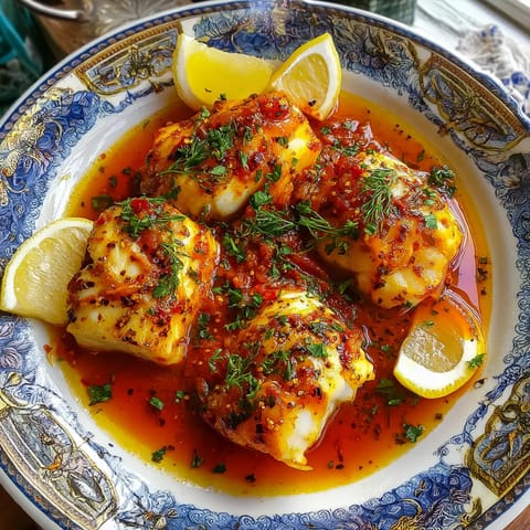 Plato de pescado a la parrilla con salsa de pimiento picado.
