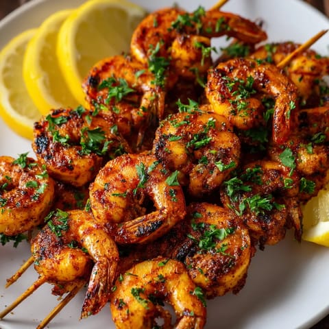 Brochetas de gambas con limón.