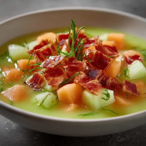 Un plato de sopa de melón frío con chips de jamón ibérico.