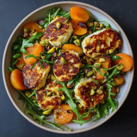 Salade d'abricots rôtis, halloumi & pistaches.