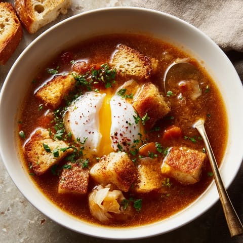 Un plato de sopa con huevo y pan tostado.