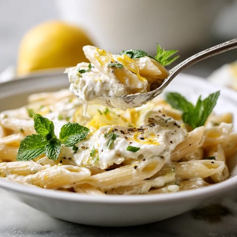 Penne con chocolate blanco, limón y ricotta.