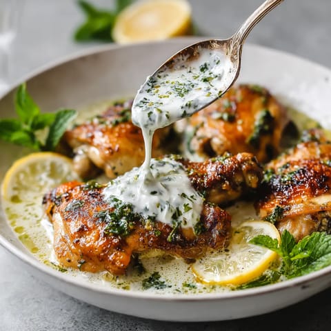 Pollo al Ajillo con salsa de yogur y hierbas frescas.