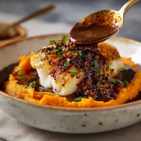 Bacalao con confit de chocolate oscuro.