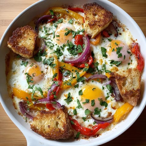 Huevos al horno con pimientos y pan crujiente.