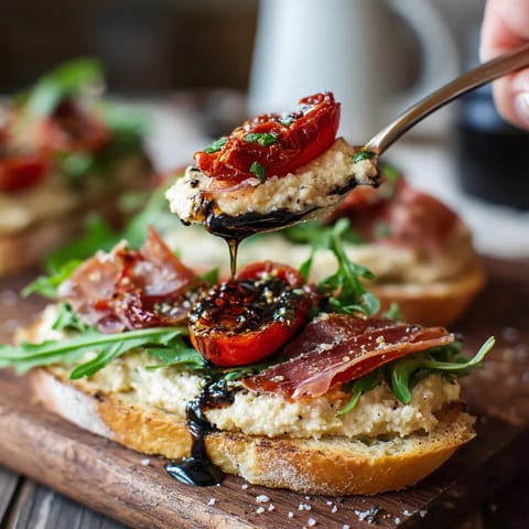 Un tostada mediterraneo con hummus, jamón y tomates secos.
