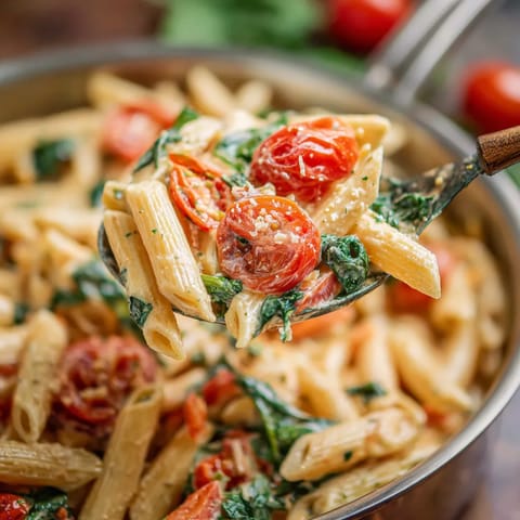 Una cacerola llena de pasta con tomates y espinacas.