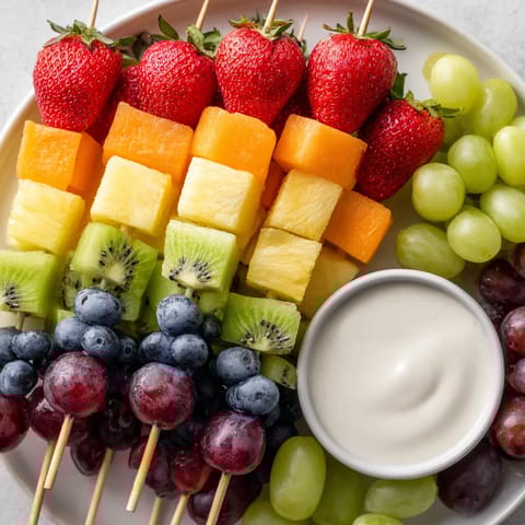 Plate of fruit skewers with yogurt dip.