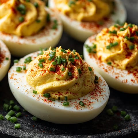 Deviled eggs con pimentón rojo.