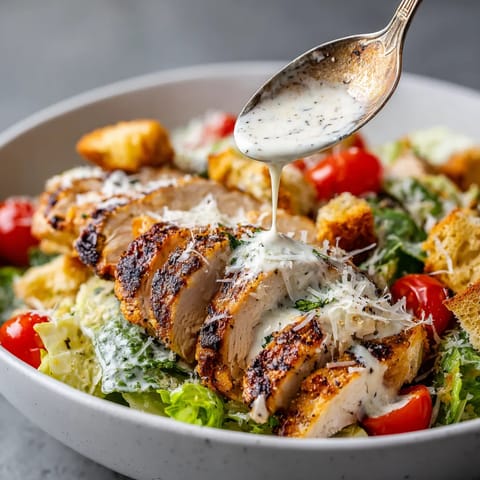 Grilled chicken salad with dressing.