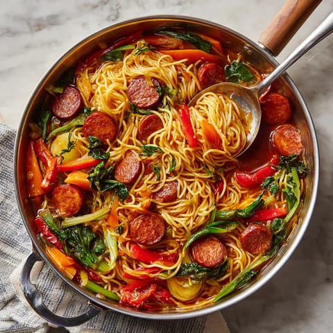 Una cazuela llena de fideos a la cazuela con chorizo y verduras.