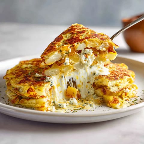Una tortilla con queso azul y verduras.